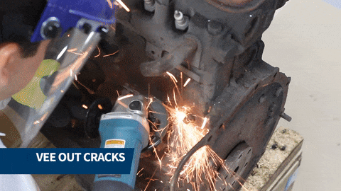 Cracked engine block repair: vee out the cracks