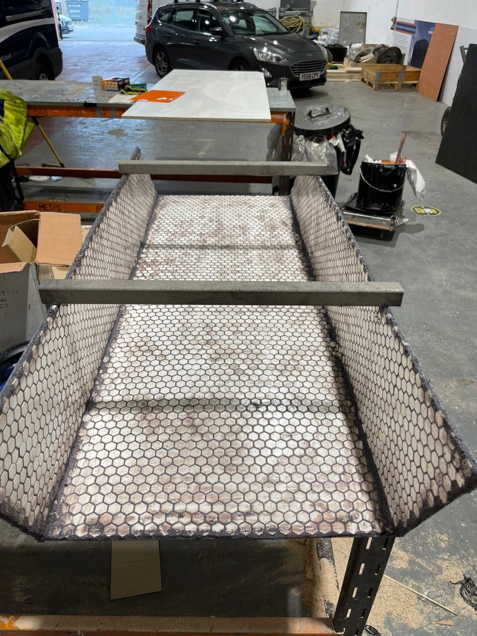 Newly fabricated abrasion-resistant chutes using Belzona 1812 (Ceramic Carbide FP)