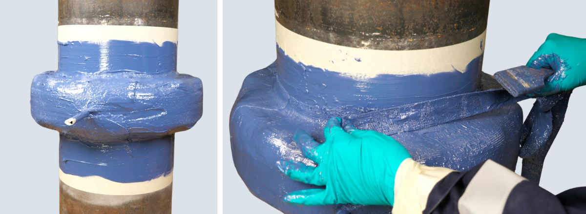 Belzona SF6-FIX repair system, step three encapsulating the repair and adding reinforcement tape