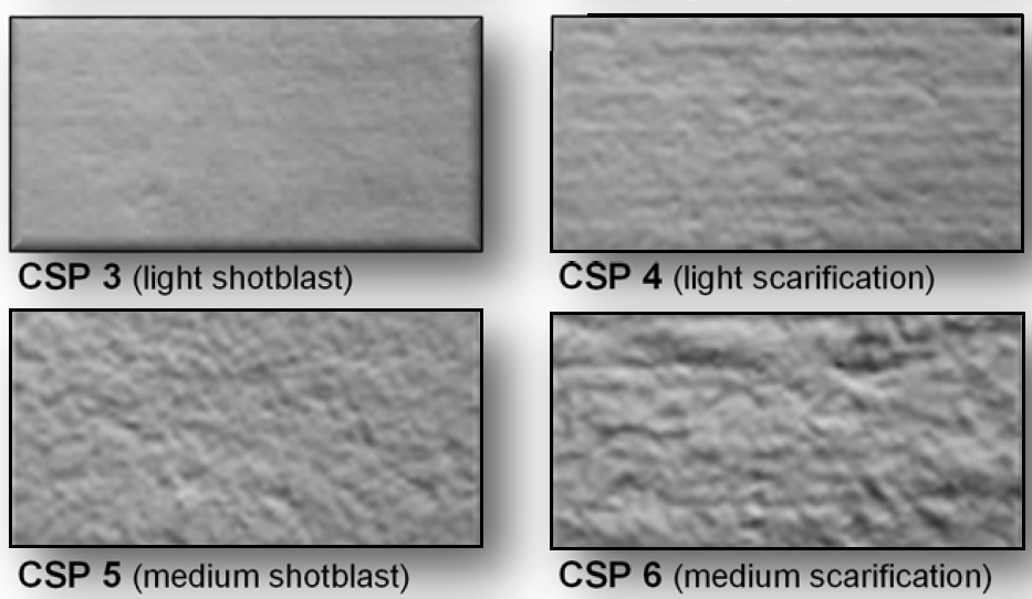 Concrete surface profiles showing classifications CSP 3, CSP 4, CSP 5 and CSP 6