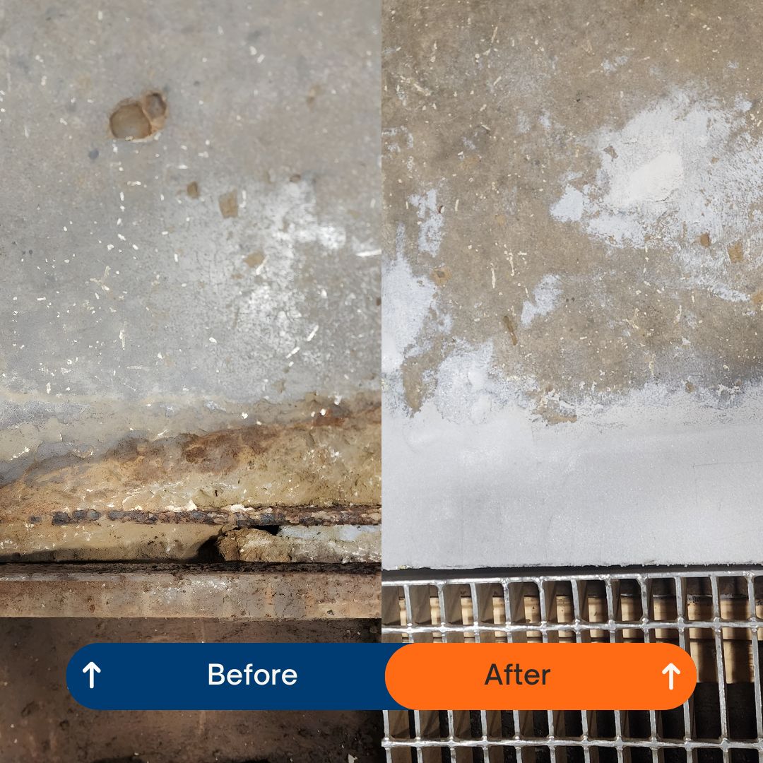 Expoxy concrete repair before and after using Belzona 4000 Series