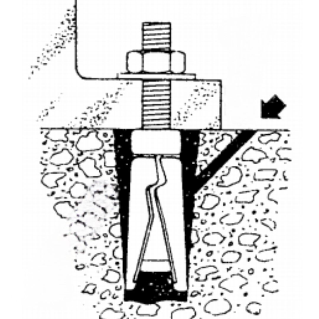 Drill an access hole at 45˚ to meet the bolt depth to prepare